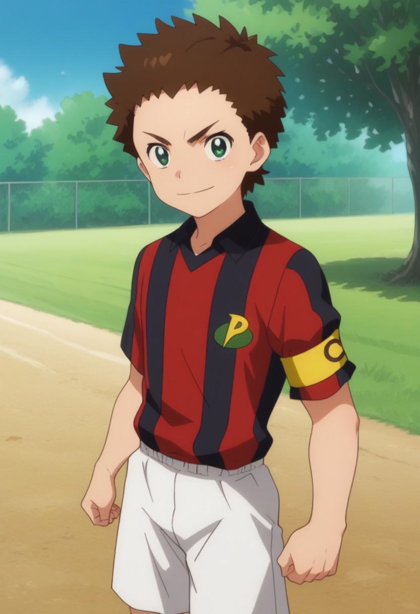 score_9, score_8_up, score_7_up, source_anime, highly detailed, 
shou, 1boy, male focus, brown hair, solo, green eyes, shirt, clenched hands, sportswear, closed mouth, collared shirt, soccer uniform, striped, black shirt, red shirt, white shorts, armband, smile, determined,
outdoor, tree