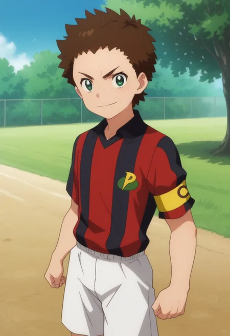 score_9, score_8_up, score_7_up, source_anime, highly detailed,
shou, 1boy, male focus, brown hair, solo, green eyes, shirt, clenched hands, sportswear, closed mouth, collared shirt, soccer uniform, striped, black shirt, red shirt, white shorts, armband, smile, determined,
outdoor, tree