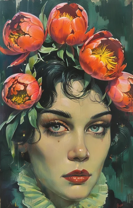masterpiece,best quality,<lora:tbh281-sdxl:0.9>,illustration,style of Basil Gogos decaying peonies