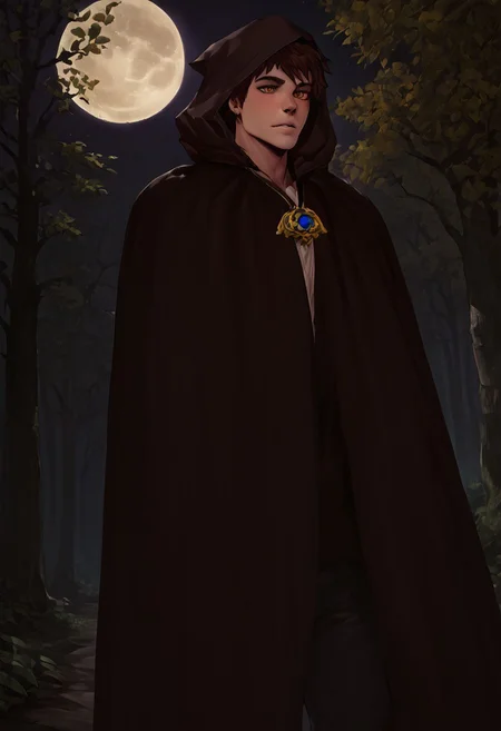zPDXL2, score_9, score_8_up, score_7_up, 1boy, solo, male focus, sc_rowan, amber eyes, brown hair, amulet, muscular male, hood, cloak, dynamic angle, night, new moon, dark theme, low light, forest background