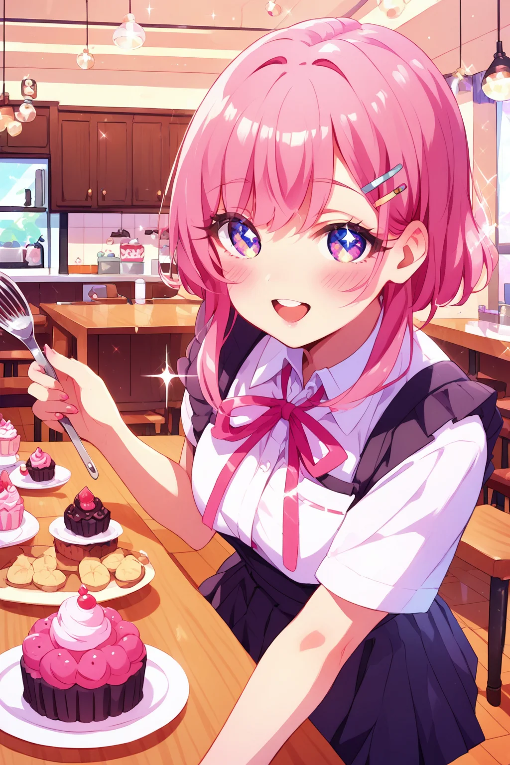 score_9, score_8_up, score_8, <lora:100Kanojo:0.9>, 1girl, solo, apron, pink apron, skirt, shirt, hair ornament, food, cake, smile, looking at viewer, white shirt, short sleeves, open mouth, blush, table, bow, indoors, hairclip, holding, cupcake, chair, pink bow, collared shirt, pink bowtie, school uniform, neck ribbon, pleated skirt, ribbon, black skirt, whisk, pink ribbon, sparkle