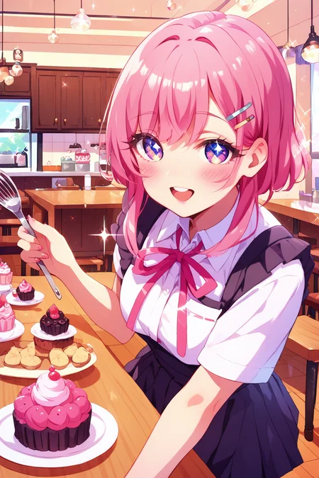 score_9, score_8_up, score_8, <lora:100Kanojo:0.9>, 1girl, solo, apron, pink apron, skirt, shirt, hair ornament, food, cake, smile, looking at viewer, white shirt, short sleeves, open mouth, blush, table, bow, indoors, hairclip, holding, cupcake, chair, pink bow, collared shirt, pink bowtie, school uniform, neck ribbon, pleated skirt, ribbon, black skirt, whisk, pink ribbon, sparkle
