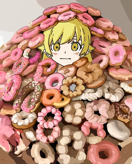 best quality, very aesthetic, very awa, sketch, jaggy lines, straight on BREAK
1girl, solo, oshino shinobu, a pile of donuts, donut, head_only, head sticking out, long hair, wavy mouth,
<lora:prasetyoadii22:1>,