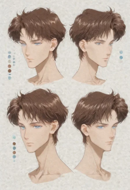 highres, hi res, best quality, masterpiece, intricate details, 4k, absurdes, anime style, detailed features, semi-realistic, painted style, detailed style, (((1boy))), ((solo)), [[mamoru_chiba]], (handsome anime guy), (beautiful face), [Crystal Movies Style], (alone),  ikemenboys, CharacterDesignIllustrious, reference sheet, simple white background, (color guide:1.2), (multiple views), (full body), [dynamic pose], well-defined features, Realistic facial features, [sharply defined jawline], casual modern clothing, [loose-fitting clothing], [[overdressed]], [clean-cut], [[fashionable]], detailed eyes, big anime eyes, (beautiful light blue eyes), piercing blue eyes, [glistening eyes], perfect eyes, beautiful light blue eyes, blue eyes, glitter eyes, sparkling eyes, (high-placed eyes), [pointy chin], angular features, (sharp chin and jawline), sharp features, realistic features, defined features, bangs, detailed hair, short hair, (dark brown hair), (darker hair color), streak of grey hair, attractive features, [masculine], [weak], [frail], (high and narrow features), narrow shoulders, [stubble], [pointy nose], attractive, long features, [natural eyeliner], [popular guy], (oval face), long face, detailed inner cheeks, sunken cheeks, strong cheekbones, [frail guy], dreamy, (handsome), [skinny], lanky, thin, small mouth, thin lips, (handsome ikemen), Caucasian, white, pinkish-pale skin, gaunt appearance, perfect face, [pretty boy], (handsome face), (gorgeous face), [[manly face]]
