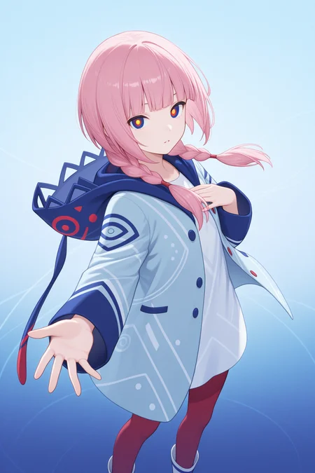 masterpiece, best quality, amazing quality,
kaf \(kamitsubaki studio\), kamitsubaki studio, 1girl, multicolored eyes, blue eyes, red eyes, yellow eyes, pink hair, long hair, blunt bangs, sidelocks, low twin braids, white shirt, oversized shirt, blue jacket, hooded jacket, hood down, long sleeves, red pantyhose, white footwear, boots,
1girl, looking at viewer, parted lips, feet out of frame, floating hair, blue background, expressionless, outstretched arm, hand on own chest, multicolored background