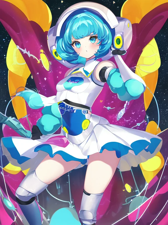 sadness,  solo, 1girl, robotic, outer space background, eyes,waist, thighs, retro, hair,  arms, hands, cyan, magenta, yellow, masterpiece, by arrow