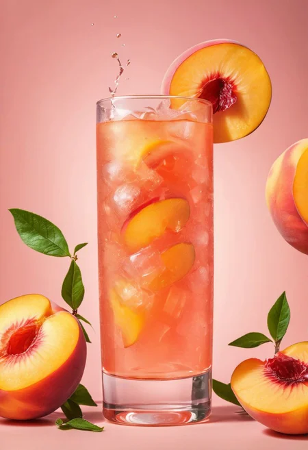 vibrant glowing 
peach drink, in the style of a product hero shot in motion, dynamic