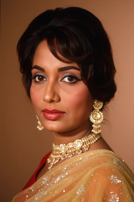 close-up portrait of Indian actress S4dh4n4, inspired by a 1970s Bollywood magazine photoshoot, bold eye makeup, side-swept voluminous hair, wearing a glittery chiffon sari with golden jewelry, dreamy soft focus, retro studio backdrop, vintage warm tones, graceful expression
<lora:s4dh4n4_Sadhana_Flux_Kohya_V1b_500Steps:1.0> <lora:aidmaRealisticSkin-FLUX-v0.1:0.4000000000000001>