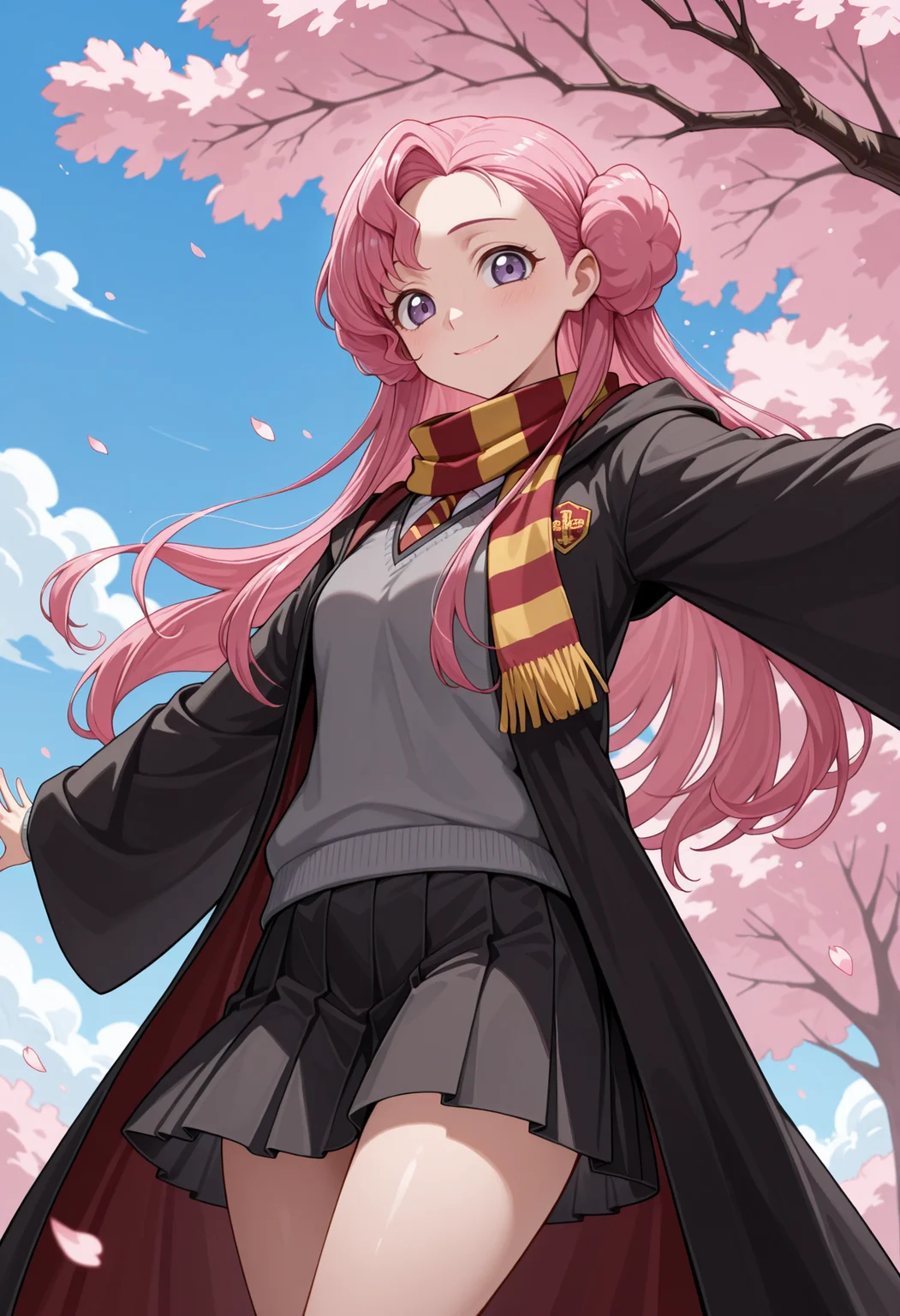 masterpiece, best quality, highres, absurdres, very awa, 1girl, solo, euphy, pink hair, double bun, doughnut hair bun, asymmetrical bangs, hogwarts school uniform, white shirt, long sleeves, gryffindor, petals, outdoors, spread arms, outstretched arms, purple eyes, striped necktie, black robe, grey sweater, pleated skirt, black skirt, striped scarf, cherry blossoms, branch, blue sky, looking at viewer, closed mouth, smile, cloud