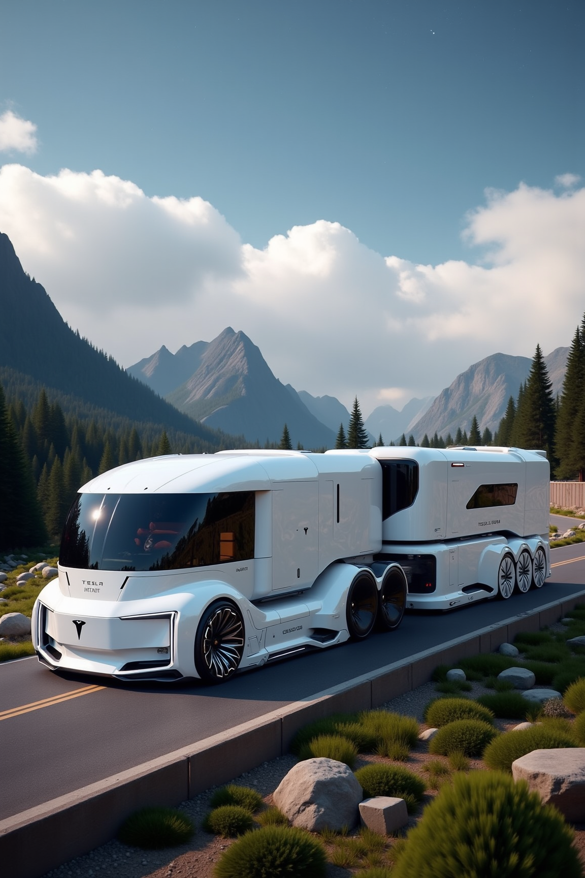 plants, trees, surrounded by trees and mountains in the background. the sky is blue with some clouds., yfg-r1gs a white tesla semi truck driving down a road with mountains in the background. the truck is surrounded by lush green grass and the sky is filled with white, with a logo on the vehicle and a cloudy sky in the background. the trailer has 8 sets of axles., yfg-r1gs a futuristic bus driving down a road with a futuristic design, surrounded by rocks and trees. the truck is part of the gmc black widow concept, with a wall in the background and a clear blue sky above., with a starry sky above.