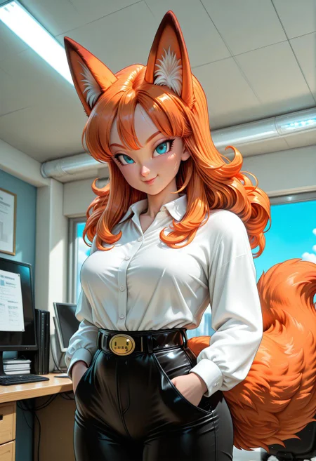 SmoothNoob_Quality, (toriyama akira:1.5), manga style, 1girl, solo,animal ears, fox ears, fox tail, fluffy tail, long hair, orange hair, orange fur, bangs, hands in pockets ,shirt, blue eyes, pants, white shirt, looking at viewer, belt,high-waist pants ,cowboy shot, long sleeves, black belt, collared shirt, belt buckle,black pants,medium breasts,standing, office, smile