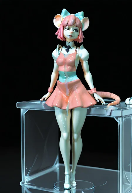 solo, erofigure_bukkake, figma, figure, pvc,plastic , natural light, full body, 3d,realistic,huge desk, size difference, black background, Maidrat, pink hair, anthro, rat