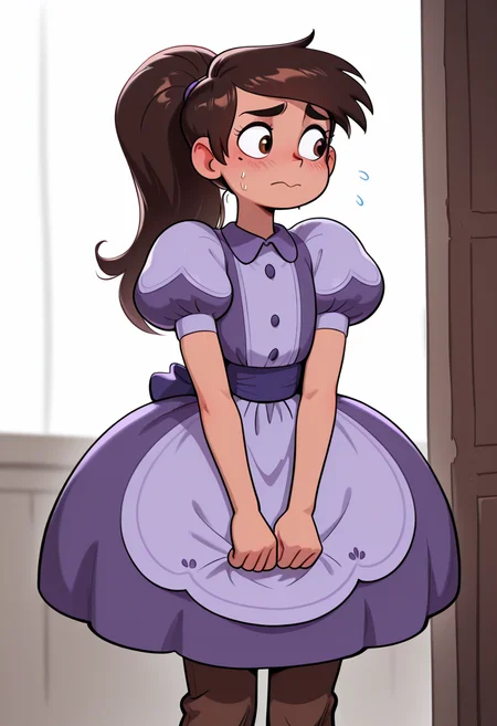 masterpiece, best quality, very aesthetic, absurdres, 1 boy, solo, Marco_Diaz, brown skin, brown eyes, brown hair, long hair, ponytail, purple dress, short sleeves, puffy sleeves, brown pants, standing, nervous, blushed, mole under one eye, <lora:Smooth_Booster_v2:0.25>, <lora:Marco_Diaz_SVTFOE__Illustrious:1>, <lora:HerrscherAGGA2025_COLIG_ST-IL_V2:1>