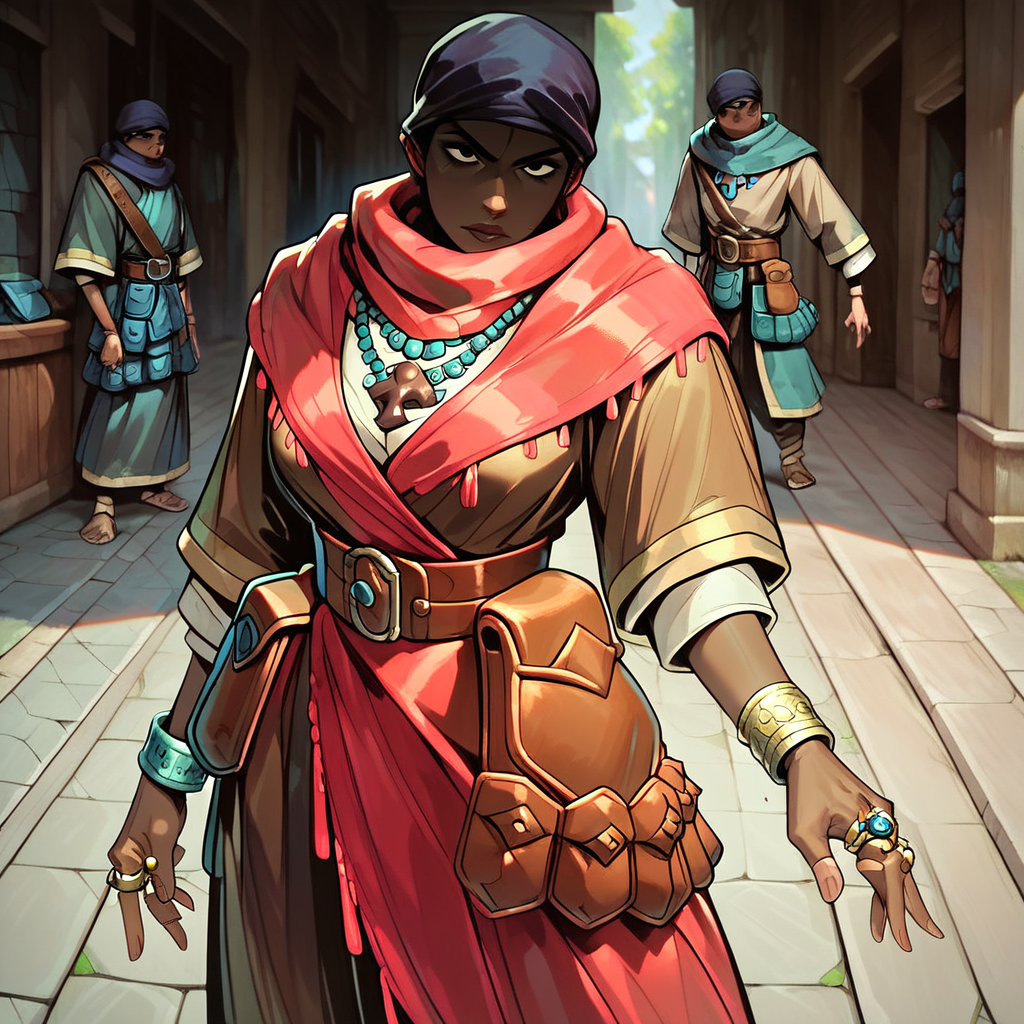 score_9, score_8_up, score_7_up, masterpiece, best quality, newest, absurdres, highres, DDAntiq-V1.1, scarf, bandana, robe, dark-skinned female, dark skin, belt pouch, pouch, necklace, belt, ring, bracelet,