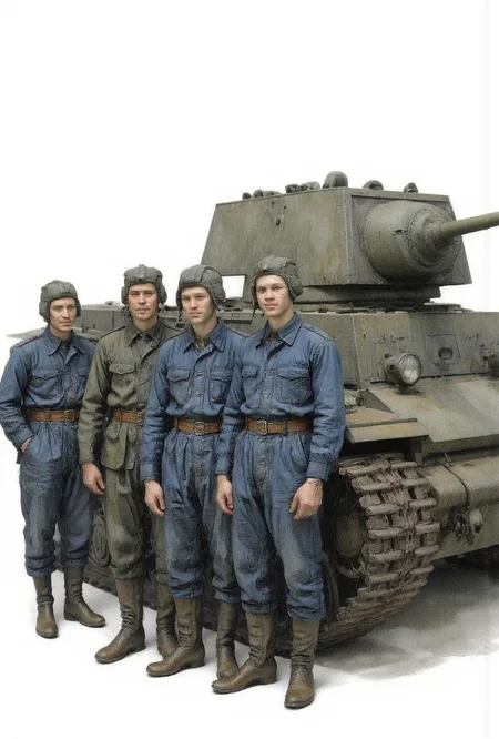<lora:Inkquaria:1.2> Inkquaria, <lora:kv1:0.8>,kv1,<lora:soviet-tank-crew:0.8> soviet-tank-crew,
nkquaria. watercolor painting of a soviet soldier.Four Soviet tank crew members wearing tank crew helmets and blue jumpsuits stand next to the tank and smile.