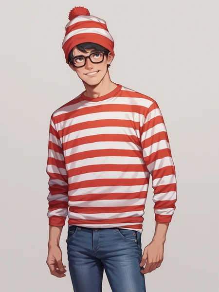 score_9, score_8_up, score_7_up, score_6_up, <lora:w4ld0:0.6> w4ld0, striped beanie, striped, glasses, jeans, 1boy, striped shirt, solo