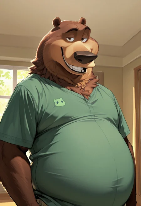 masterpiece, best quality, amazing quality, very aesthetic, absurdres, newest, high quality, detailed, Boog, mature male, brown eyes, chubby, animal ears, bear, brown bear, anthro, belly, indoors, green shirt, modern living room, standing, half body, smiling, looking at viewer