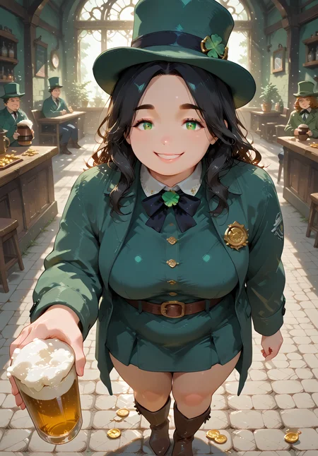 IllusP0s, PonyScores7, source_anime, ah1, IllustriousQual, interesting, exciting, spectacular, wonderful, amazing quality, absolutely eye-catching, 
BREAK <lora:xl_more_art-full_v1:0.2>, <lora:aesthetic_anime_v1s:0.2>, <lora:EpicF4nta5yXL:0.2>, <lora:detailxl:0.2>, detailxl, <lora:Fant5yP0ny:0.2>, amazing quality, best aesthetic, absurdres, illustration, Volumetric_Lighting, ultra-detailed, very aesthetic, intricate details, best_quality, <lora:Add_Details_v1.2:0.4>, <lora:quality_modifiers_masterpieces_v1:0.2>, <lora:ZootPonyAnime_V1_r2:0.2>, <lora:Bestifacator2:0.2>,
BREAK ((Extending a hand to reveal a hidden, grotesque secret)),
BREAK Stable_Yogis_PDXL_Positives, AS-Adult, <lora:Complicated fantasy portrait - XL Pony V2.0:0.2>, bad-hands-5, <lora:HDA_Detailer:0.3>, <lora:natsumi_style:0.5>, <lora:by_usakun-pony:0.4>, by usakun, <lora:Akina_Bbw_Style_-_PonyXL:0.2>, AkinBw, ((head out of frame)),
BREAK 1girl, mature female, (curvy), round-chin, caucasian, <lora:ETO_OC_Illustrius:0.5>, eto_oc, skindentation, (plump), thick thighs, wide hips, busty, voluptuous, <lora:venus body PonyXL:0.3>, <lora:shinyskin2:0.2>, glistening skin, HDA_FatGirlXL, round ass, large breasts, <lora:plussizegirls_IL:0.3>, <lora:plussizegirls_pony:0.3>, <lora:perfection style:0.2>, perfection style, perfection, 
BREAK ((<lora:ShamrockWorld_IXL:0.2>, shamrockworld, clover, four-leaf clover, cup, green theme, bow, holding pint of beer, jewelry, <lora:illustrious_Leprechaun:0.2>, illustrious Leprechaun, green hat, belt, brown footwear, green dress, top hat, buttons, gold coins, boots, green headwear, green coat)),
BREAK (curly hair), long hair, (black hair:1.4), (parted hair:1.7), messy hair, kinky curls, <lora:hairdetailpxl:0.2>, hairdetailpxl,
BREAK (half green and brown eyes), (colorful eyes), (multicolored eyes), (downturned eyes:1.4), expressive eyes, <lora:perfect-eyes:0.4> perfecteyes , EyesHD, (round face:1.2), (thick eyebrows:1.3), (plump face), <lora:Round_face:0.2>, lips, <lora:DetailedEyes_xl_bdsqlsz_V1:0.2>, <lora:Eyes_Lora_Pony_Perfect_eyes:0.2>, <lora:focusoneyes:0.2>, <lora:cinematic eye color style illustrious v1:0.2>,
BREAK ((happy expression, smiling at viewer)), <lora:Expressive_H:0.2>, Expressiveh, <lora:Emotional_Anime_Expressions_PonyXL_Concept:0.2>, emotional, <lora:Best_Facial_Expression_LoRA_PONY:0.2>, looking at viewer, <lora:Detailed expressive EXEV style -XL Pony V1.0:0.2>, FaceDetail, <lora:Best_Facial_Expression_Helper_XTREME_ILLU:0.4>, kaogei,
BREAK (((ireland, irish pub))), <lora:Background Detailer - SDXL:0.8>, 4k, 8k, Ultra HD, Masterpiece, Best quality, Detailed background, <lora:Add_more_details_V2_XLpony:0.2>, full_details, <lora:background-type1:0.2>,