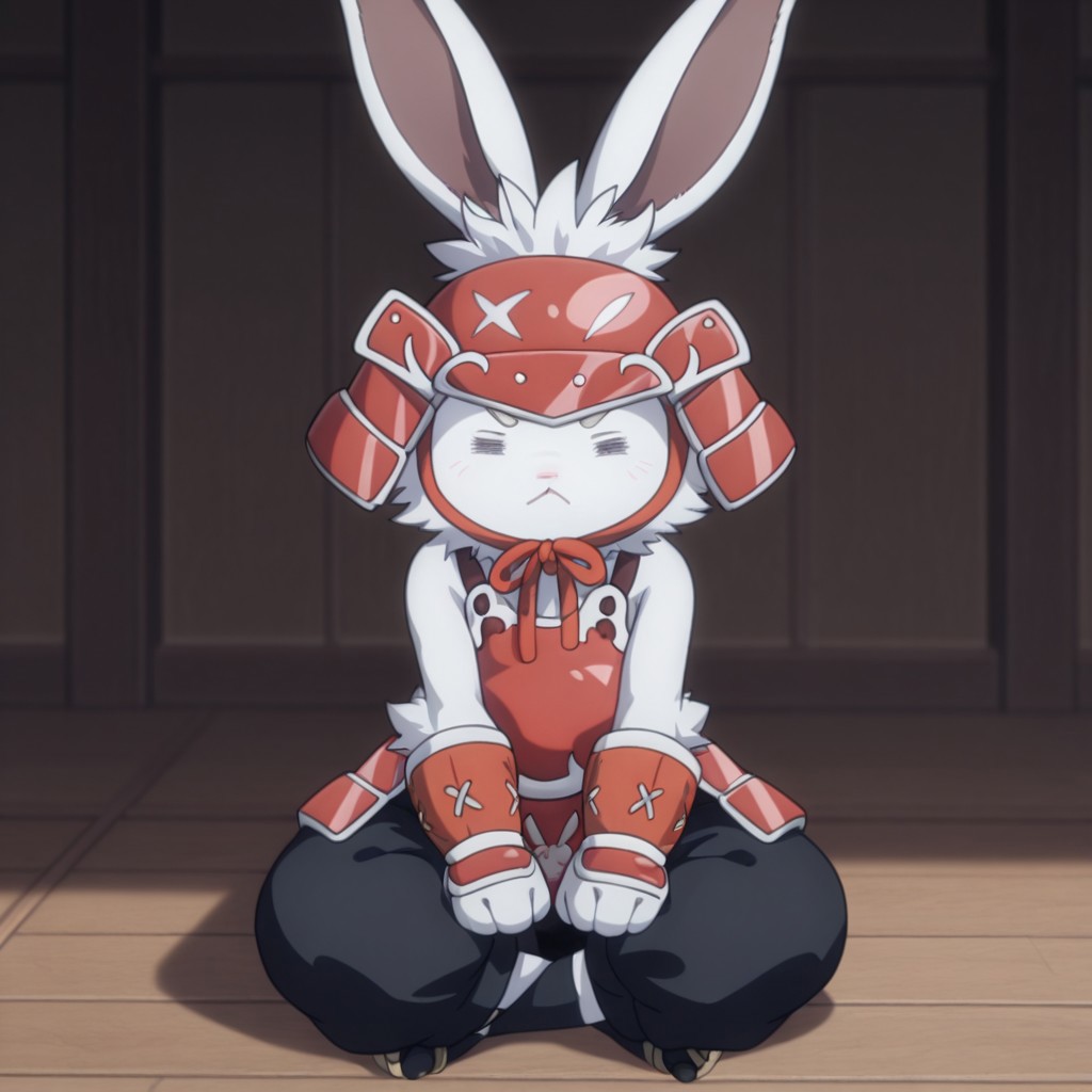 masterpiece, best quality, amazing quality, CeecrueslfIL, semi-anthro, male, rabbit, white fur, = =, red Samurai armor, red Samurai helmet, baggy black pants, white trim, black socks, tan sandals, solo, sitting in dojo