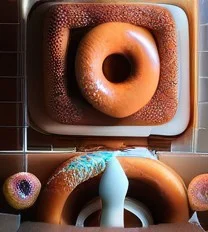 d0nu71f13d, a photorealistic image of a cat made of doughnuts sitting on a toilet made of doughnuts, cinematic lighting, absurdres, donuts, vibrant colours,
