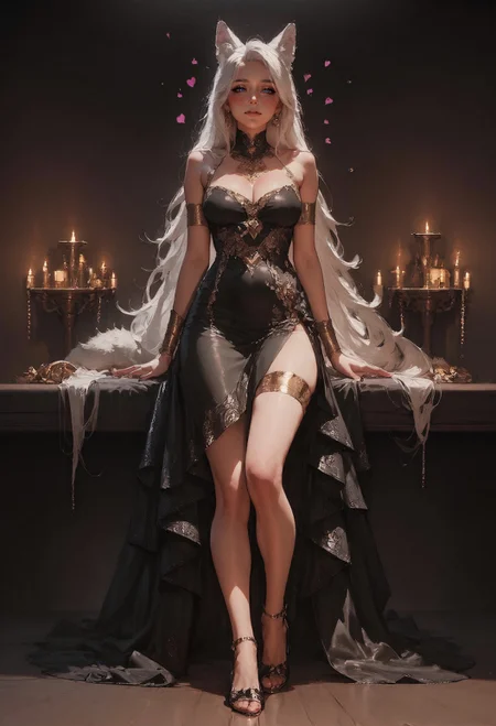 score_9, score_8_up, score_7_up, realistic, 1girl, (solo:1.1), woman, wolf girl, golden bands, blushing, black hearts, cowboy shot, white hair, blush, black theme, full body, high heels, black skirt <lora:pony/twilight_style:0.8> <lora:pony/expressiveh:0.8> expressiveh <lora:sdxl/princess_xl_v2:0.7> <lora:sdxl/sinfully_stylish_sdxl>
