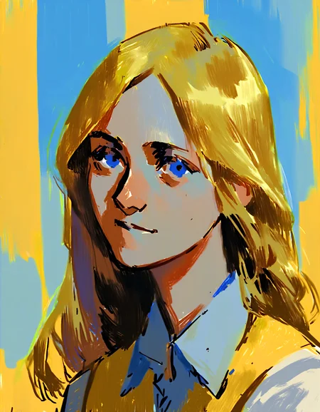 absurdres, hires, score_9, score_8_up, score_7_up, score_6_up, score_5_up, score_4_up, rating_safe, rating_questionable, painting_\(medium\), painterly, faux traditional media, portrait, 1girl, solo, long hair, blue eyes, yellow background, multicolored background, collared shirt