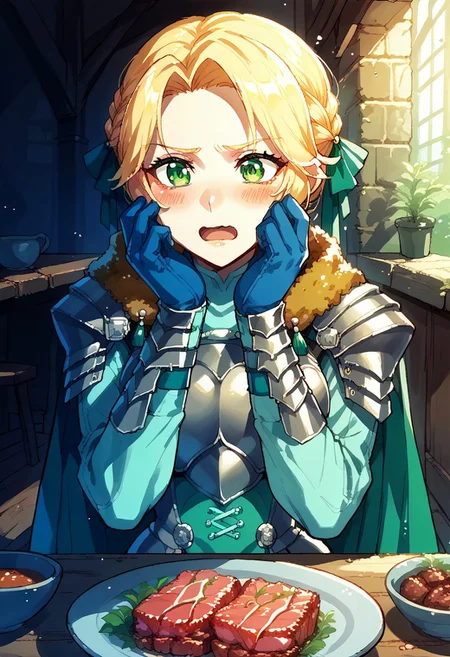 masterpiece,best quality,score_9,score_8_up,score_7_up,score_6_up, source_anime, 1girl,BREAK <lora:ingrid-pdxl-nvwls-v1-000007:0.9> waringrid, short hair, hair ribbons,(anguish,blush,open mouth,open mouth wide,wavy mouth,looking at object),(sparkling eyes,spoken exclamation mark:0.5),(shoulder armor, armor, breastplate, underbust, green coat, fur trim, vambraces, blue gloves, green cape ),(pov,upper body,pov across table,pov dating),(sitting on chair,hands on own face,hands on own cheek),(CONCEPT_PovDating_ownwaifu),(indoor,1long table,dishes,chair,medieval, Medieval tavern),(food focus,meat dishes)