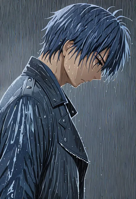 high resolution, solo, best quality, 1Boy, Tomoya Okazaki, Grey Blue Hair, heavy rain, night, looking down, sad, leather jacket, looking away, wet, wet hair, OverallDetail