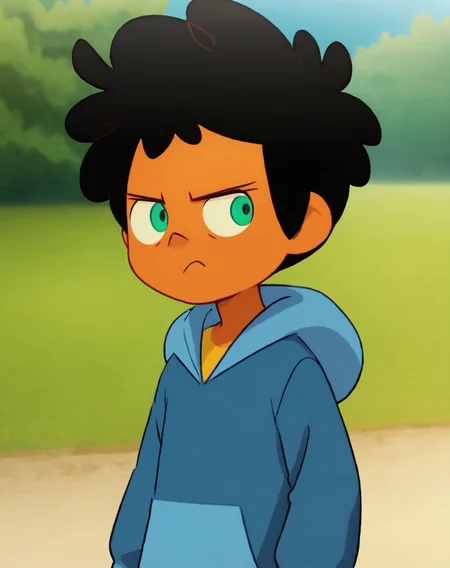 <lora:MaxCamp:0.8>, 1boy, solo, Max, black hair, green eyes, dark skin, blue hoodie, upper body, official art, official style, frown, outdoors,