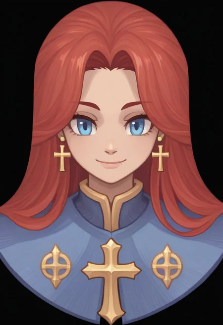 (Black background) <lora:afkArenaIllustrious:1>
afkArenaStyle, 1girl, female, solo, portrait, female focus, red hair, blue eyes, long hair, light skin, smile, looking at viewer, beautiful, blue cloak with gold trimming, cross earrings
Ragnarok online character
ROSPRITE
