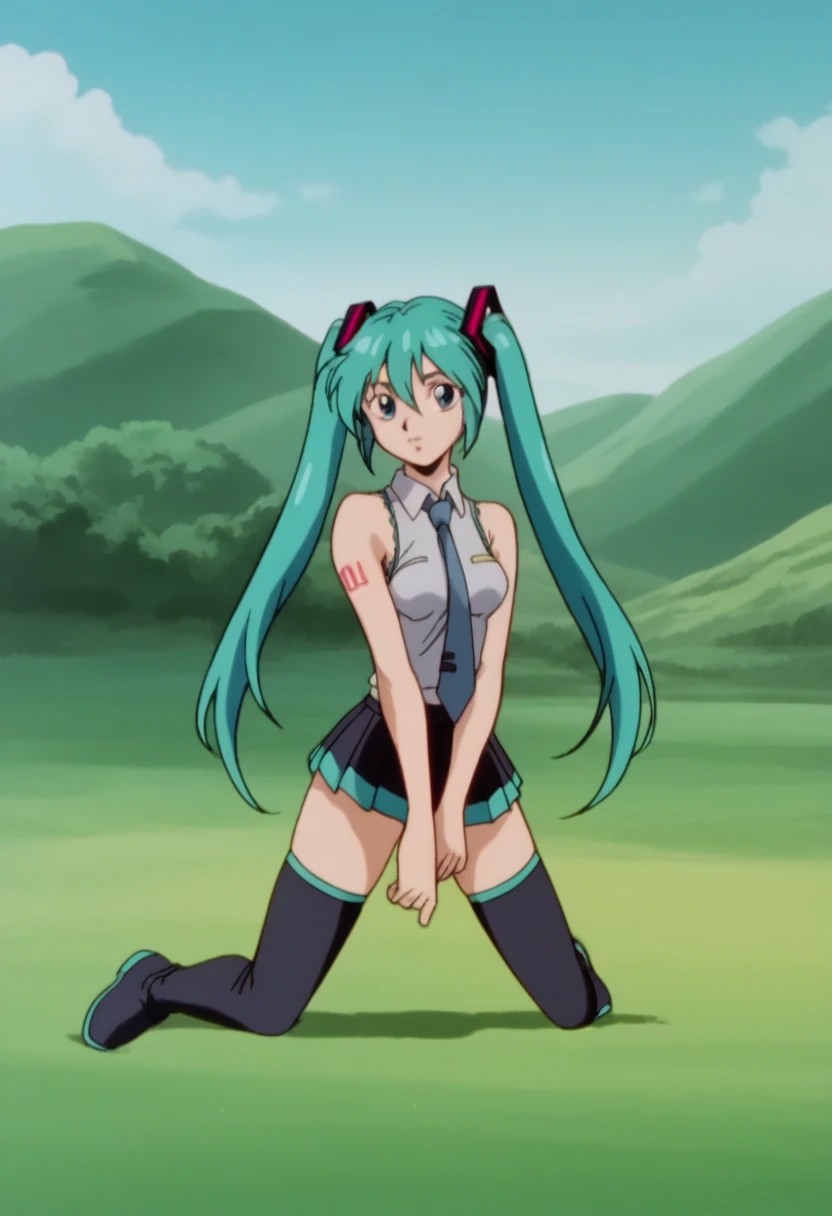 score_8, score_8_up, score_7_up, AWGXS, anime screenshot, retro artstyle,1990s (style), cel animation BREAK  1girl, female focus, solo, hatsune miku, medium breasts, twintails,necktie, collared shirt, sleeveless, detached sleeves, tattoo, aqua hair, skirt, pleated skirt, thighs, thighhighs, v, looking at viewer, outdoors, scenery,