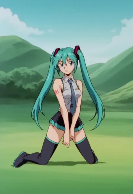 score_8, score_8_up, score_7_up, AWGXS, anime screenshot, retro artstyle,1990s (style), cel animation BREAK 1girl, female focus, solo, hatsune miku, medium breasts, twintails,necktie, collared shirt, sleeveless, detached sleeves, tattoo, aqua hair, skirt, pleated skirt, thighs, thighhighs, v, looking at viewer, outdoors, scenery,