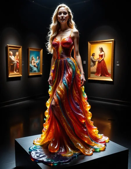 high resolution portrait of a stunning young woman wearing an elegant dress made out of  jelly, standing on a podium inside a modern art gallery. the woman has long blonde hair and cute blue eyes with prominent facial features. she is smiling and bowing forward slightly to greet the crowd. the lighting in the gallery is slightly dim, but the girl is well lit with a small lime light. the image is high quality and cinematic.  <lora:flux-jellystyle:0.8> made out of Jelly  <lora:fluxenhancer:0.6>
