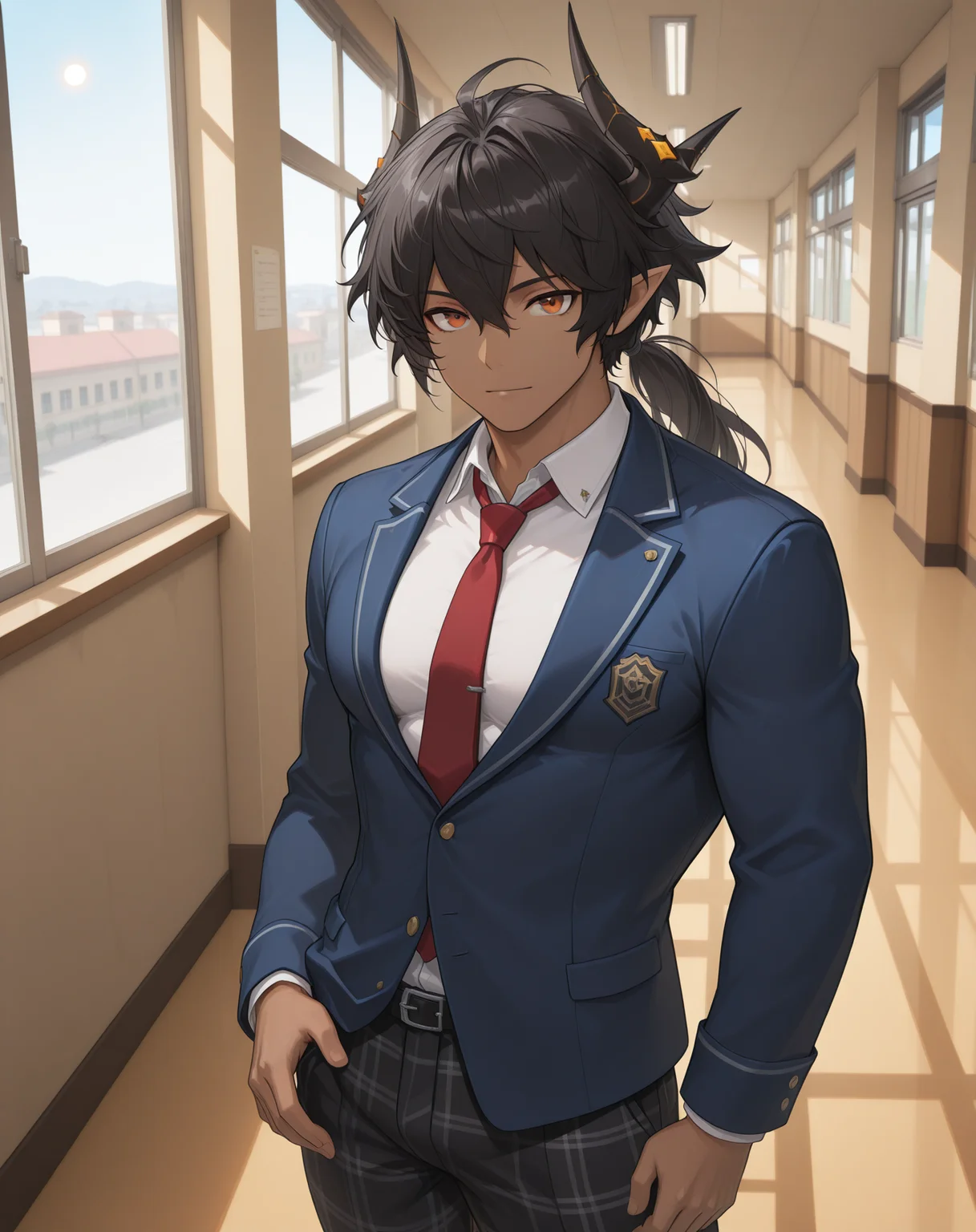 masterpiece,best quality,amazing quality, newest, very aesthetic, absurdres,
1boy, solo, yaoi, male focus, looking at viewer, cowboy shot,
<lora:Sol_Limit_Break:1> lbsol, dark skin, horns, dark-skinned male, pointy ears, black hair, orange eyes, muscular male, hair between eyes, ponytail,
school uniform, white shirt, collared shirt, blue jacket, red necktie, black pants, plaid pants,
indoors, school, hallway, window, day, sun,