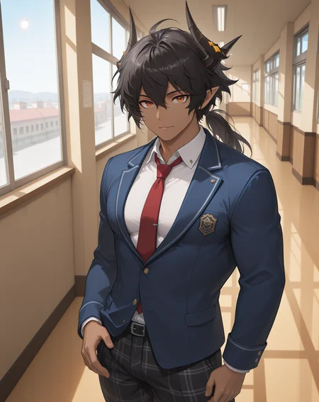 masterpiece,best quality,amazing quality, newest, very aesthetic, absurdres,
1boy, solo, yaoi, male focus, looking at viewer, cowboy shot,
<lora:Sol_Limit_Break:1> lbsol, dark skin, horns, dark-skinned male, pointy ears, black hair, orange eyes, muscular male, hair between eyes, ponytail,
school uniform, white shirt, collared shirt, blue jacket, red necktie, black pants, plaid pants,
indoors, school, hallway, window, day, sun,