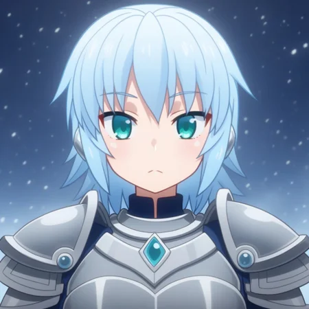 mana_sk style, portrait, focus on face, a stoic ice warrior girl with shoulder-length icy blue hair and frosty teal eyes, wearing fur-lined armor with frost-covered edges, a calm yet intense expression as cold mist swirls around her, faint snowflakes drifting through the air, Japanese RPG style, frigid and majestic atmosphere, intricate details on her armor and frosted textures