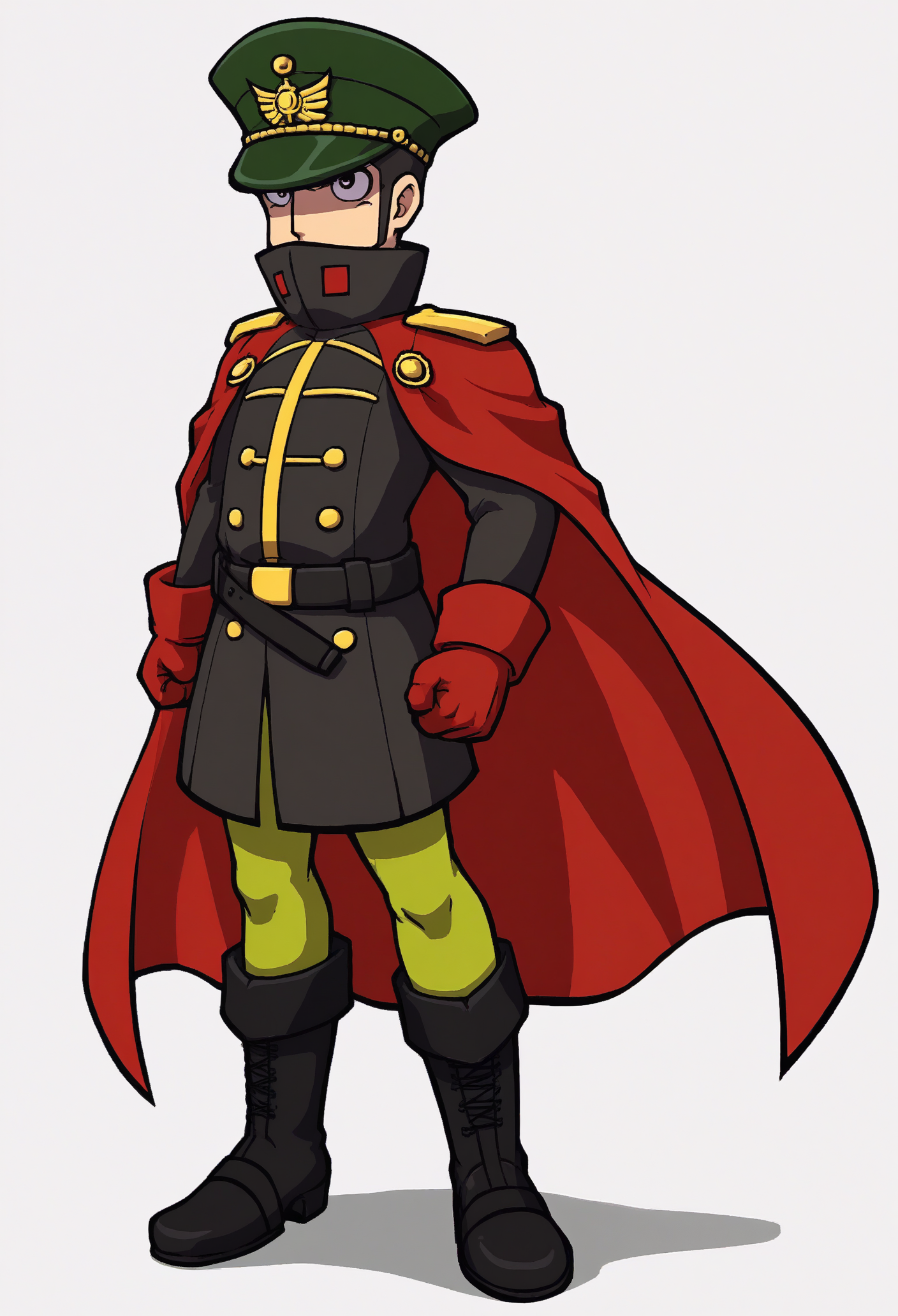 1boy, solo, green headwear, red gloves, red cape, male focus, boots, hat, white background, simple background, full body, military uniform, standing, green pants, armor, mask, robot, belt, black footwear, jacket, clenched hands
<lora:deponia-guy90-Pony-LoraV101:1>, ainped