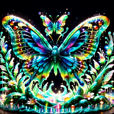embedding:lazympos a slime butterfly with stained-glass wings, fluttering over flowers made of trembling gelatin, petals leaking chromatic nectar, dewdrops refracting prismatic light, sl1m3d, slime-morph, delicate details <lora:Slime_Morph_V4:1.0000000000000002> <lora:TrendCraft_The_Peoples_Style_Detailer-v2.1A-3_12_2025-SDXL:0.20000000000000004>