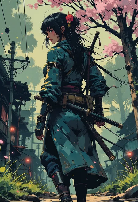 Mh1$AgThS2, intricate linework with expressive contrasts, soft lighting with dynamic highlights, A digital artwork in the style of cknc, image of a Japanese woman in ablue plated leather samurai armour, long hair, bangs, sakura flower in her hair, a katana in its scabbard at the waist, walking along a wooded trail, turning her head to look back at the viewer