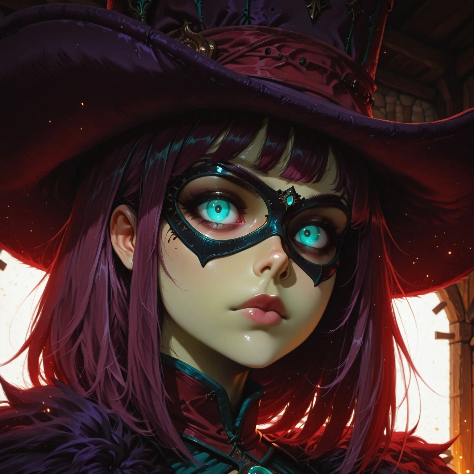 aijalon, nynzi2, masterpiece, M4gicalL1nes, artist:moriimee, ((medium long shot, MLS)),
/, 1woman, (teal eyes, glowing eyes:1.6), full lips, (pale green skin, colored skin), lithe body, (medium hair, purple hair, straight hair, bangs), (gigantic breasts:0.9), sagging breasts, wide hips, thick thighs,
/, wearing a corset, cleavage, pelvic curtain, dark red clothes, thigh high boots, (((fur cloak), top hat, big hat), masquerade mask, domino mask),
/, ((portrait, close-up)), standing, magic particles, swirling magic, ((holding sword, fighting_stance, sword_guard_stance, closed mouth)), looking at viewer,
/, ((tavern background, medieval background)),