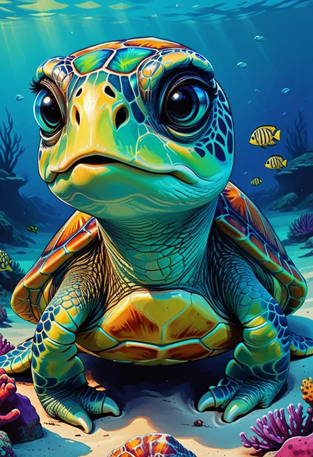impactful color paint of  cute little blue-green cartoon sea turtle, round Kind eyes, big head, neck, four flippers,   <lora:Bold_Pop:0.6> ...........  highly detailed, vibrant colors , 8k, sharp, professional, clear, high contrast, high saturated, , vivid deep blacks, crystal clear
