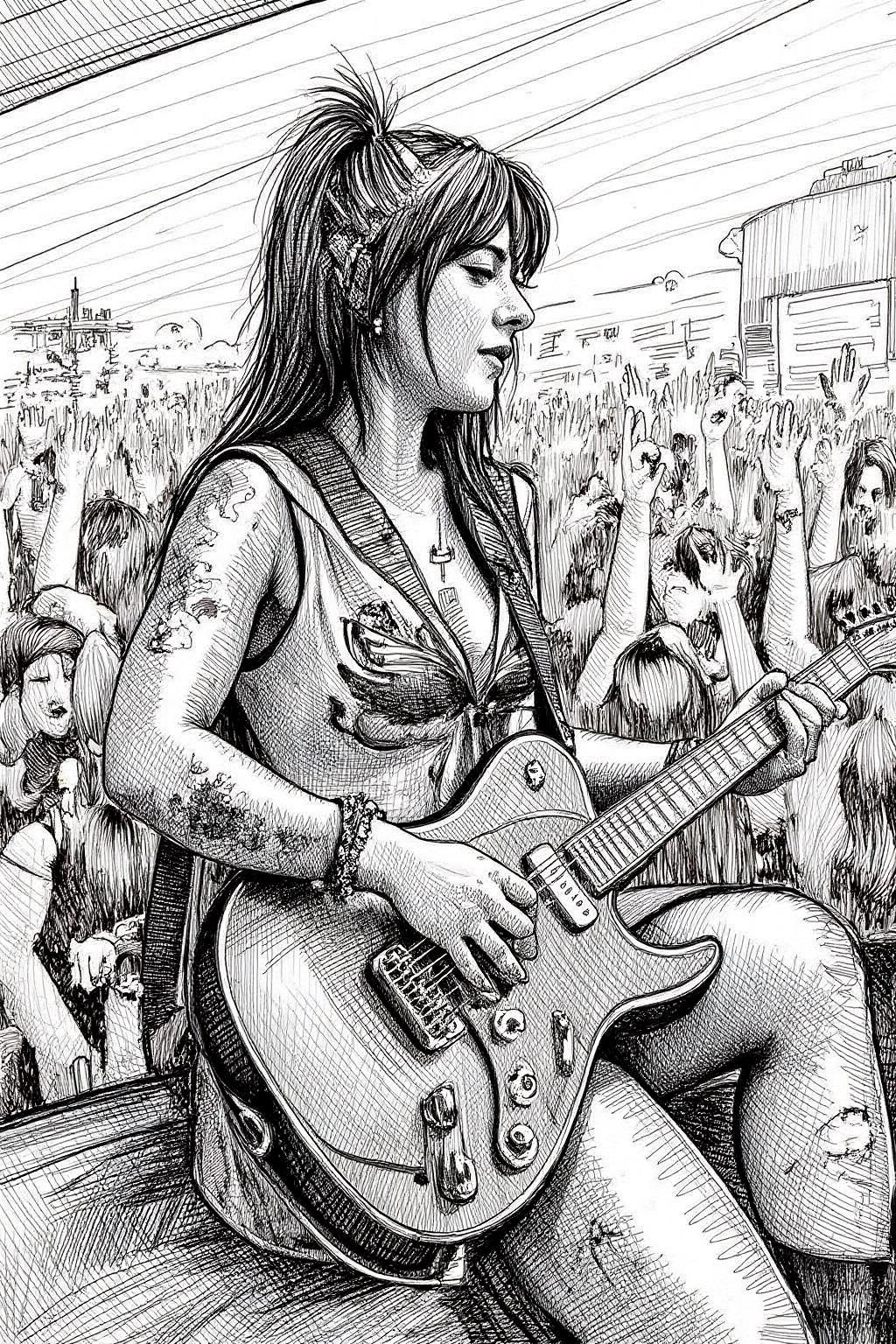crosshatch black and white drawing of punk sailor moon playing a guitar at a heavy metal mosh pit, tattoos, pearcing.
 <lora:crosshatch1_nocap_d6a3:1.0><lora:807661857197330377:0>