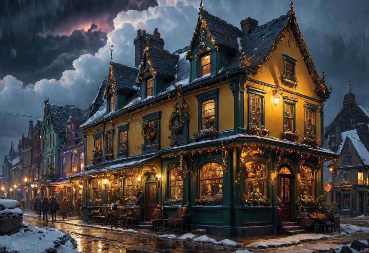 (((4k uhd))), (((high dynamic range:1.8))), ultra detailed, real photographic  nikon z7,  rich color,  christmas Winter storm in a small irish  1900's town, dark fantasy, masterpiece, highly detailed environment, (((highly detailed objects:1.4))), disco elysium OverallDetail