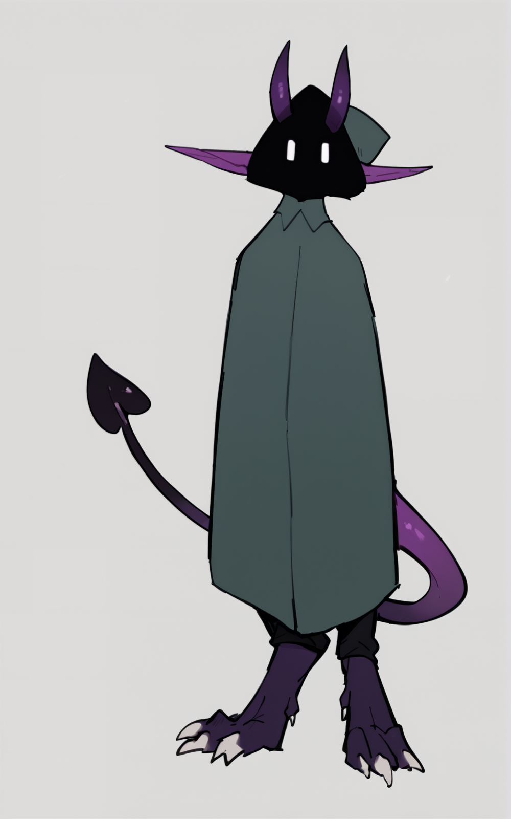 score_9, score_8_up, score_7_up,((best quality)), absurdres, ((full body)), <lora:BolivanteStyle:0.8>,  <lora:MPXL:0.8>, MPXL, MPXL, horns, pointy ears, purple skin, cloak, green cloak, horns through hood, hood, hoodie, faceless, ears through hood, white eyes,claws, tail, demon tail
