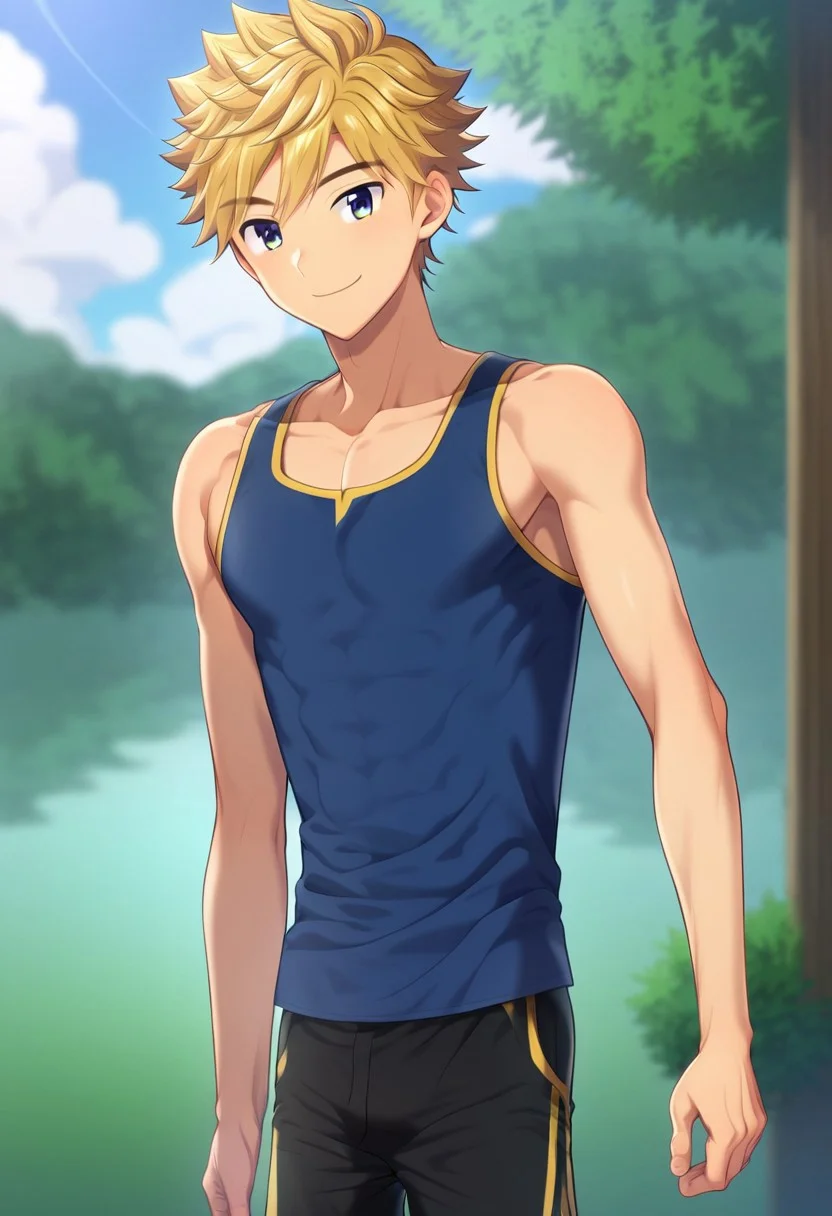 hikarishi_kenji, blond hair, short hair, bangs, 1boy, (solo:1.20), solo focus, character with (athletic body:1.1), (balanced:1.2), 1boy, solo, solo focus, blue tank top, wear black trunk, smile, proportional body, strong leg