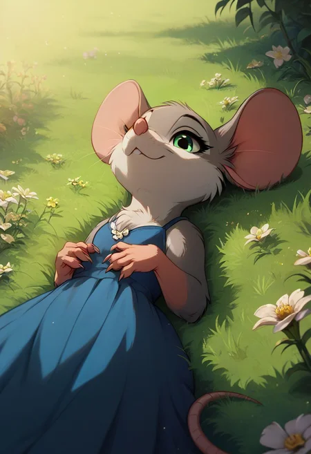 score_9, score_8_up, score_8, solo, (fluffy:0.8), (feral), furry, (((mouse))), woman, green eyes, (gray fur:1.2), claws, (fluffy cheeks:0.7), laying back, j_cartoon, close-up, low angle view, aesthetic, dramatic angle, (blue dress), grass, flowers, (smile:0.5)