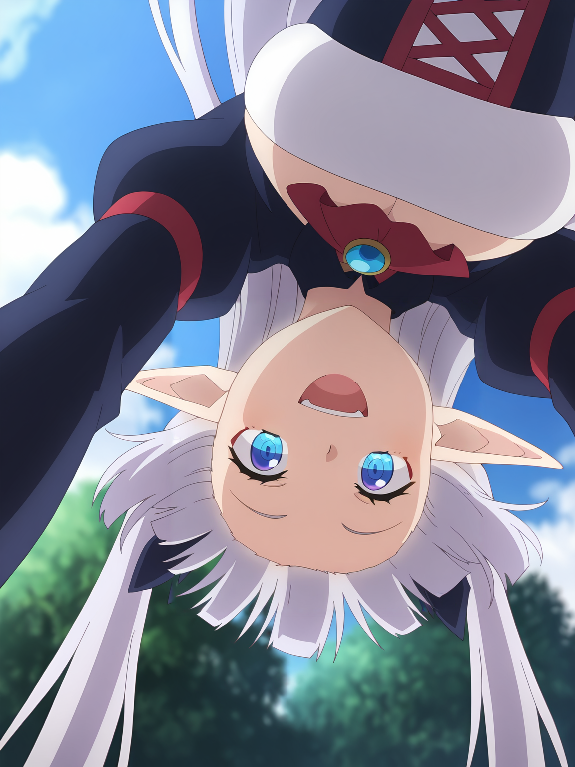 <lora:Rurushi_Ru:0.8>, rurushi_ru, 1girl, solo, blue eyes, red eyeshadow, pointy ears, long hair, grey hair, twintails, blunt bangs, hair bow, red ribbon, gem, puffy sleeves, long sleeves, red trim, cleavage cutout, underbust, corset, happy, :d, looking at viewer, standing, leaning forward, upper body, upside-down, from below, outdoors, sky, pov, cloud, depth of field, tree, blurry background, day