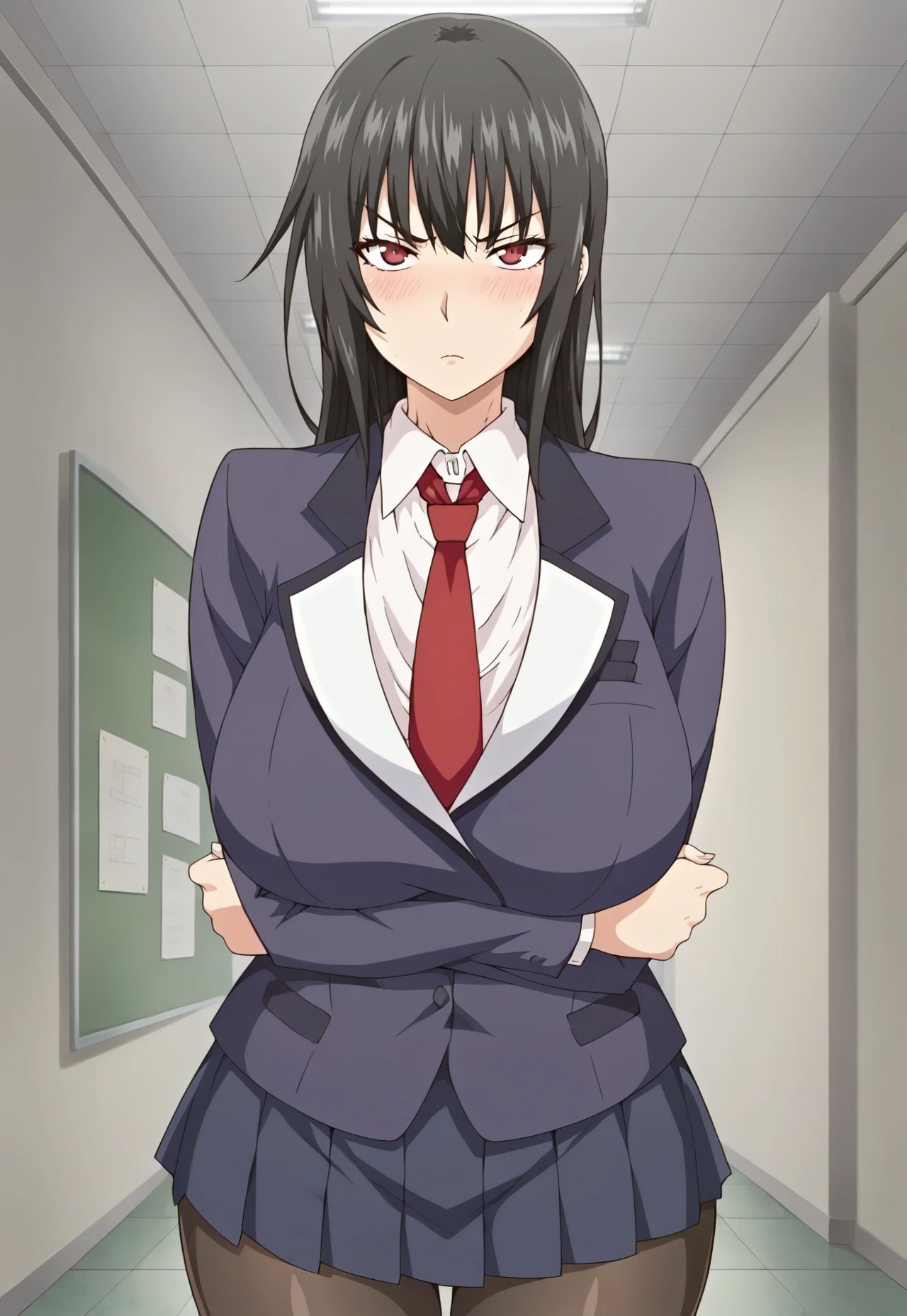 safe_pos, score_9, Sakurano Akizuki, black hair, red eyes, hair between eyes, long hair, (huge breasts:1.2), (wide hips, thick thighs), school uniform, blue blazer, collared shirt, red necktie, blue skirt, pleated skirt, pantyhose, crossed arms, stern look, blush, looking at viewer, solo, solo female, standing, cowboy shot