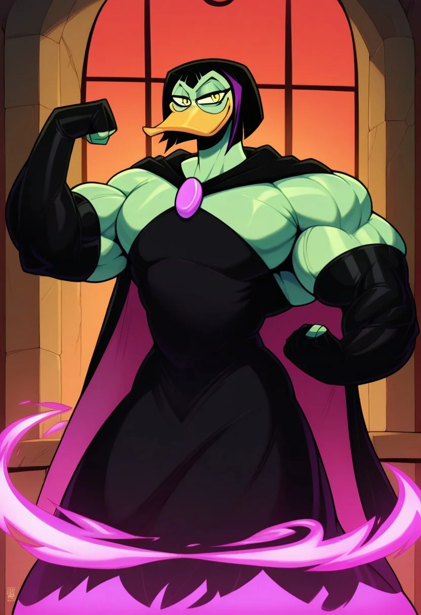 Muscle, bigger_muscles, large_muscles, hyper_muscles, huge_muscles,hyper muscles, huge_muscles, biceps, sassier, hot, larger_biceps, muscle_fur, Furry muscles growth,Furry hyper muscles biggest, enormous_muscles, huge_biceps, huge_pecs; huge_muscles, gigantic_muscles, score_9, score_8_up, score_7_up, score_6_up, best quality, highres, source_furry, masterpiece, BREAK
1girl, mansion, indoors, female, solo, duck, green skin, mature female, cape, short hair, black hair, black dress, purple amulet, elbow gloves, choker, yellow eyes, narrowed eyes, bags under eyes, fingerless_gloves, seductive, curvy, holding black staff, magic_user, purple energy, <lora:Magica_De_Spell_V3:0.8>, flexing