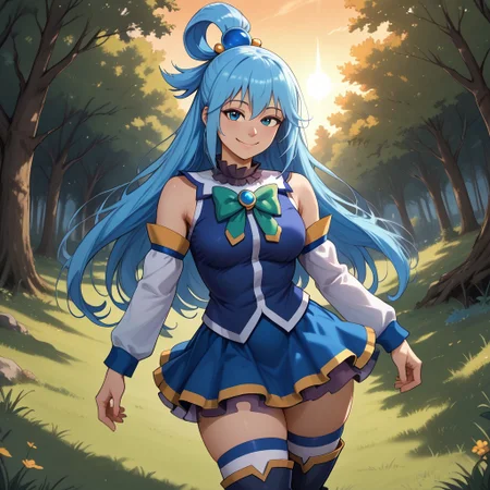 score_9, score_8, BREAK, solo, girl,aqua (konosuba), kono subarashii sekai ni shukufuku wo!,blue hair,long hair,hair rings,single hair rings,blue shirt,blue skirt,hair ornament,bare shoulder,green bow,detached sleeves, thighhighs,thigh boots, sexy pose, self portrait, smile, outdoors, sunlight, shadows, evening lighting, natural lighting, forest, trees, grass, orange sky, sunset
